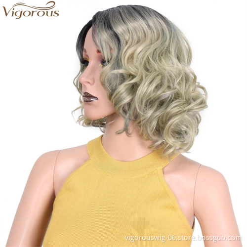 Vigorous Dropshipping Short Curly Wavy Wig Ombre Blonde Bob Part Side Synthetic Wigs For Women Heat Resistant Fiber
